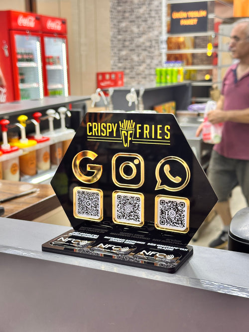 3 QR & 3 NFC Destekli İşletmenize Özel Logolu PleksiGlass Stant