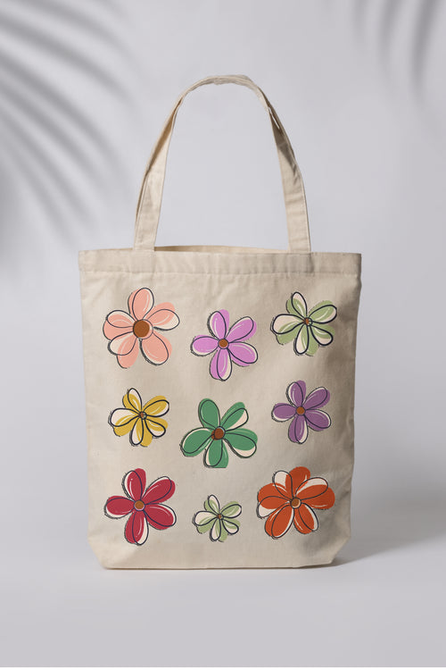 Colorful Flower Desenli Ham Bez Çanta Tote Bag Omuz Çantası