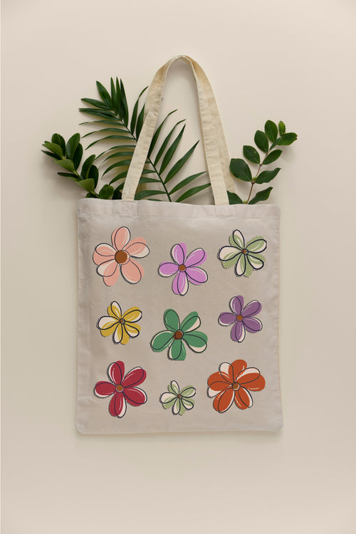 Colorful Flower Desenli Ham Bez Çanta Tote Bag Omuz Çantası