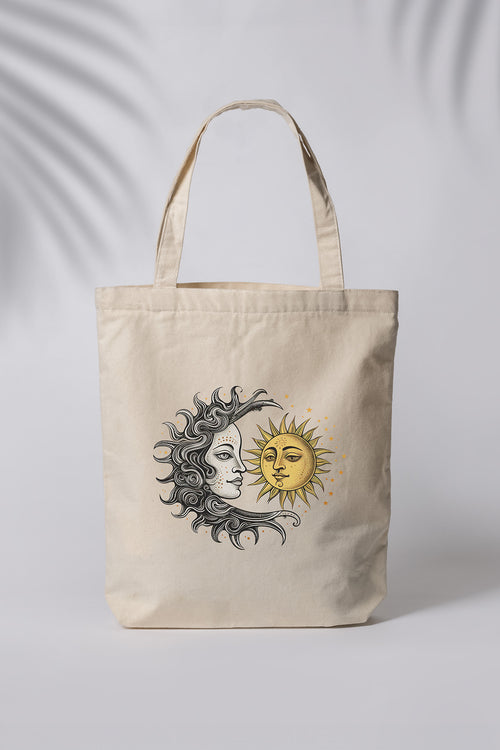 Güneş ve Ay Desenli Ham Bez Çanta Tote Bag Omuz Çantası