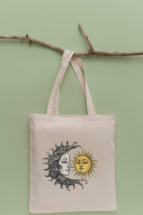Güneş ve Ay Desenli Ham Bez Çanta Tote Bag Omuz Çantası