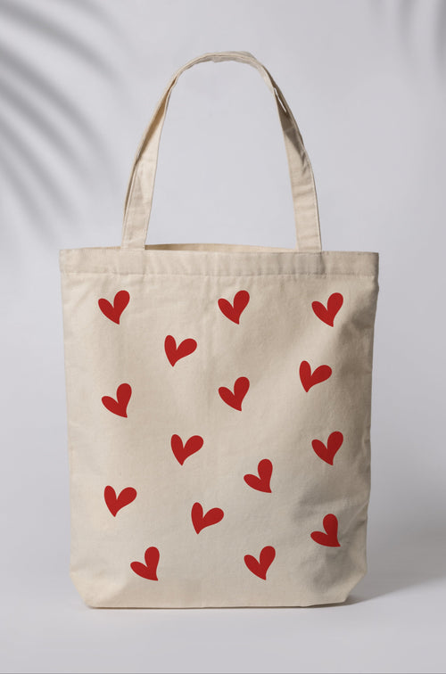 Kırmızı Kalp Desenli Ham Bez Çanta Tote Bag Omuz Çantası