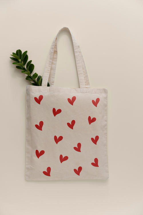 Kırmızı Kalp Desenli Ham Bez Çanta Tote Bag Omuz Çantası