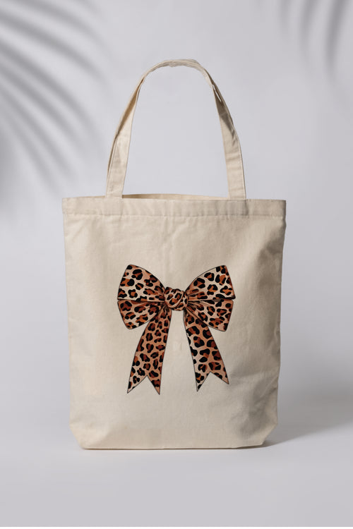 Leopar Desenli Fiyonk Baskılı Ham Bez Çanta Tote Bag Omuz Çantası
