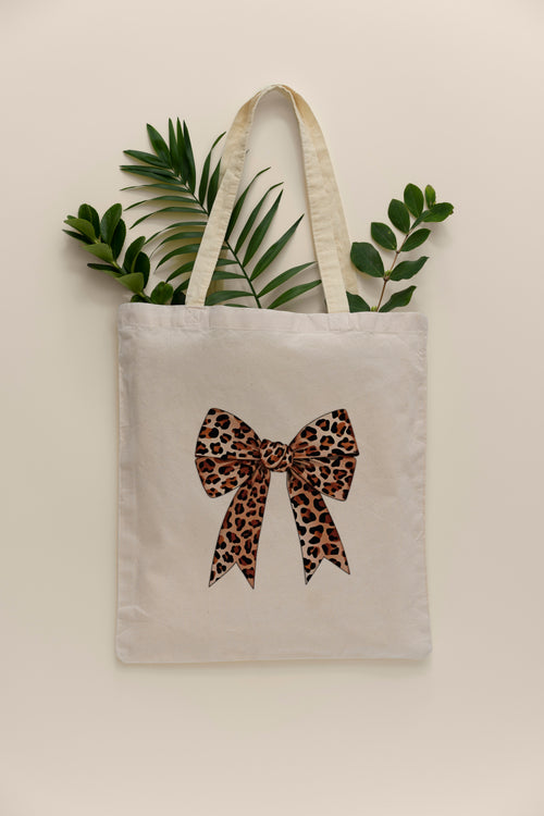 Leopar Desenli Fiyonk Baskılı Ham Bez Çanta Tote Bag Omuz Çantası