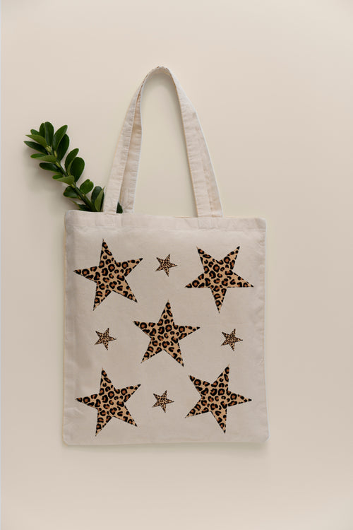 Star Leopar Desen Desenli Ham Bez Çanta Tote Bag Omuz Çantası