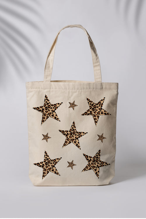 Star Leopar Desen Desenli Ham Bez Çanta Tote Bag Omuz Çantası