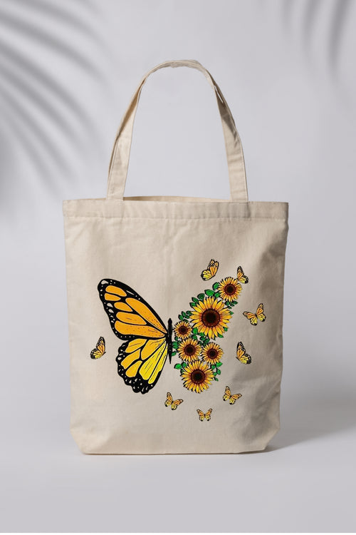 Sunflower and Butterfly Desenli Ham Bez Çanta Tote Bag Omuz Çantası