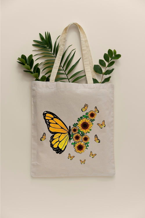 Sunflower and Butterfly Desenli Ham Bez Çanta Tote Bag Omuz Çantası